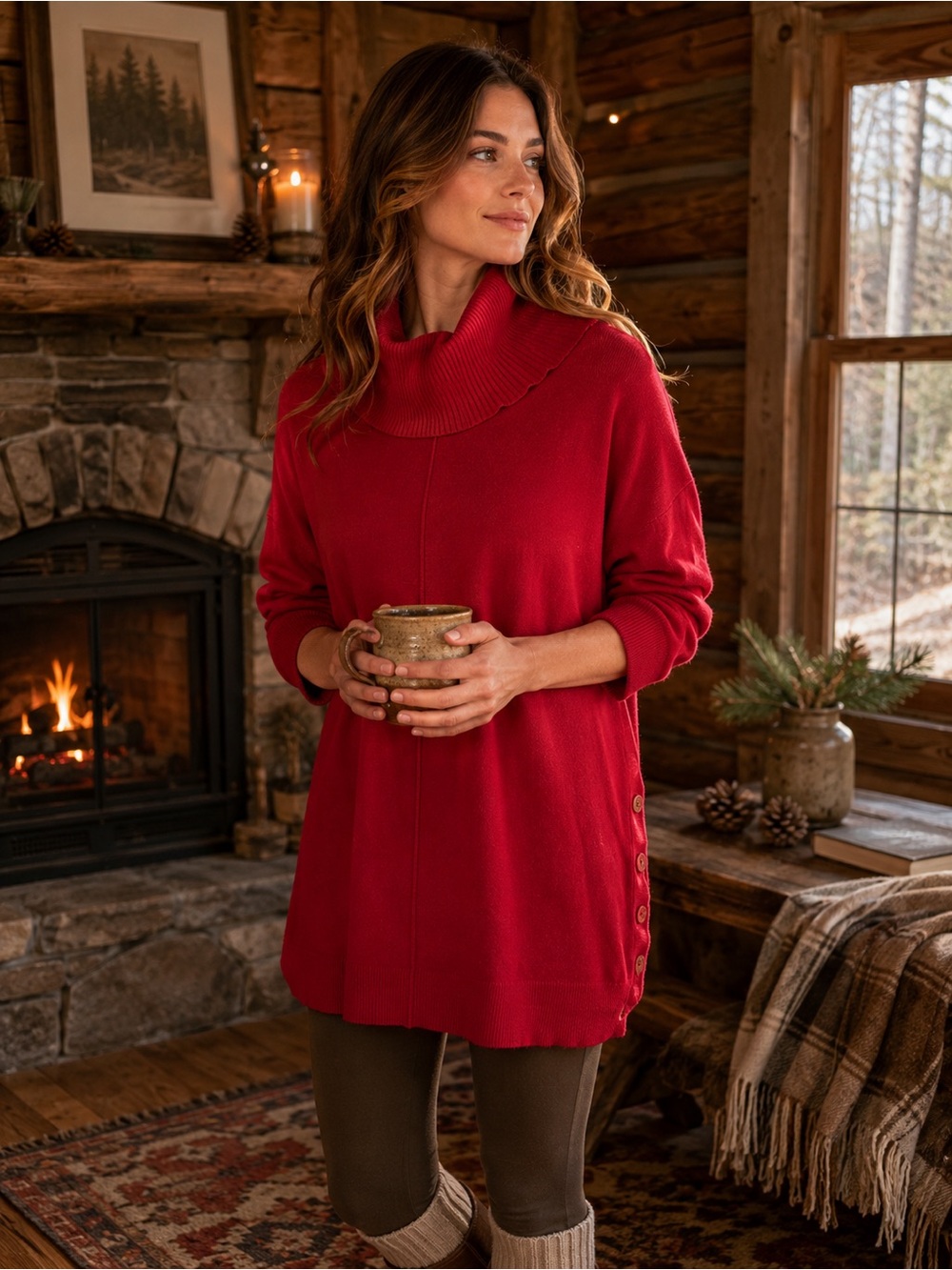 CYNTHIA ROWLEY Quiet Luxury Center Seam Red Cowl Neck Tunic Plus Sweater, 2X